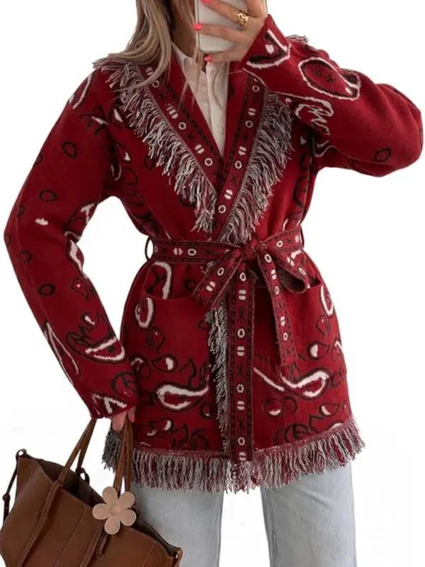 Tankaneo Women's Boho Knitwear Cardigan Sweater Long-Sleeve Open-Front Top - Aztec Tribal Print, Fringes, Ribbed Knit, Fitted Fall Duster Sweater Coat, Longsleeves,western chic