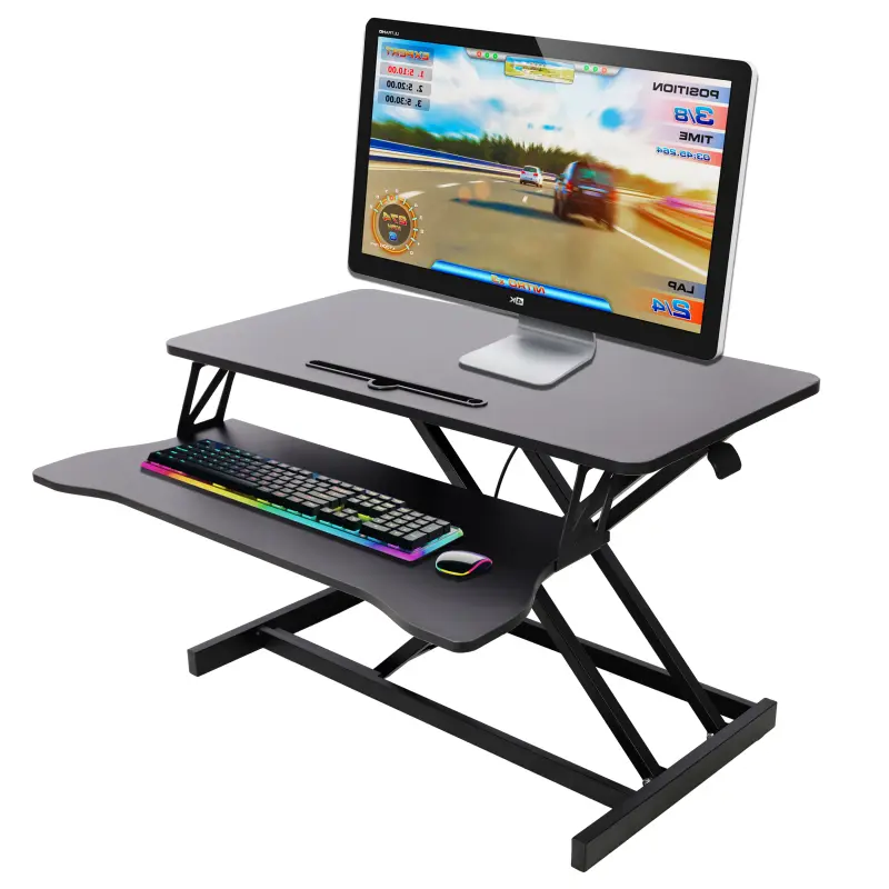 Black Height-Adjustable Desk Converter - Desk Riser, Single Unit Rectangular Sit-to-Stand Office Workstation with Keyboard Tray, Steel Construction, High-Performance Gas Spring Lift, 31.5"l x 17.0"w x 19.6"h, 44 lbs Capacity
