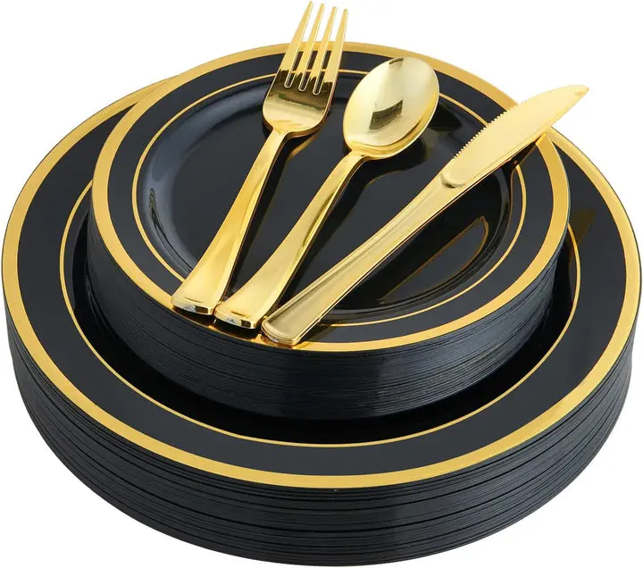 Black Gold Trim 125pc 25set  Disposable Plates and Tableware Set: Dinner Plates,Dessert Plates,Knife,Forks,Fpoons-Perfect for Party Weddings Celebrations Reusable |BPA Free