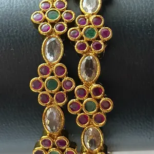 Traditional Indian Bangles in Ruby Colored Green and Clear Stone. Set of 2 Pieces. Perfect for Any Occassion