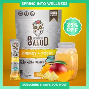 Salud 2-in-1 Energy Drink Powder + Focus  – Piña Mango Flavor – Agua Fresca Mix with 200mg Organic Caffeine, 350mg L-Theanine, Vitamins B6 & B12, Non-GMO, Gluten Free, 15 Servings - Dietary, Healthcare
