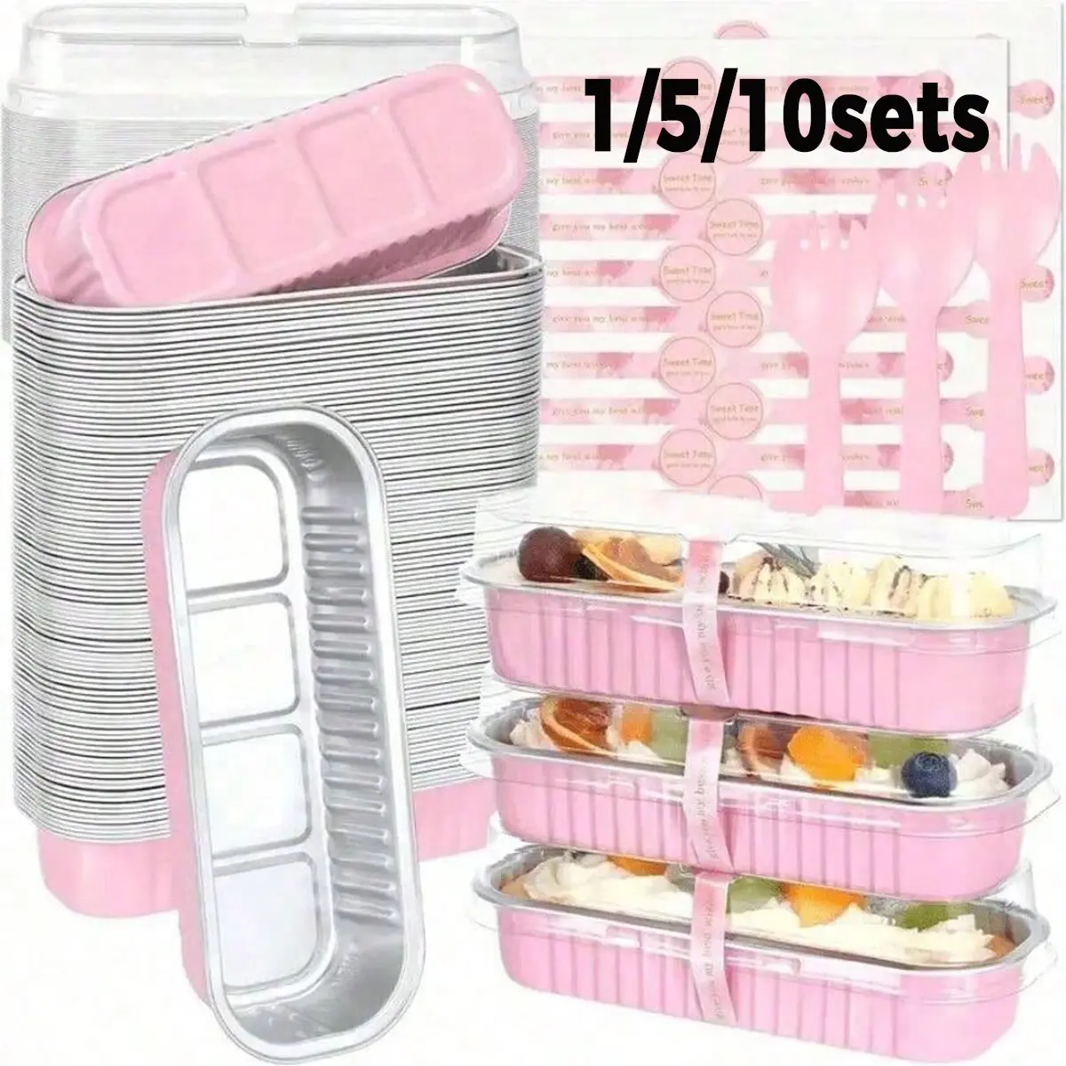 Mini Toast Molds Set with Lid and Spoon, Aluminum Foil Rectangular Baking Cups, 6.8 Oz, Portable Lightweight Party Dessert Supplies Containers, Containers with Lids