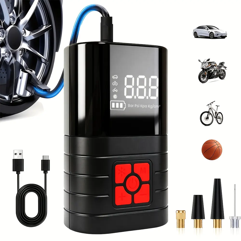 Portable Tire Inflator, 250 PSI Rapid Inflation, USB-Recharge Large-Capacity Battery, Digital Display Gauge, LED Lighting, Compatible with Cars/Bikes/Motorcycles, Essential Road Trip Automotive Repair Tool, Road Trips