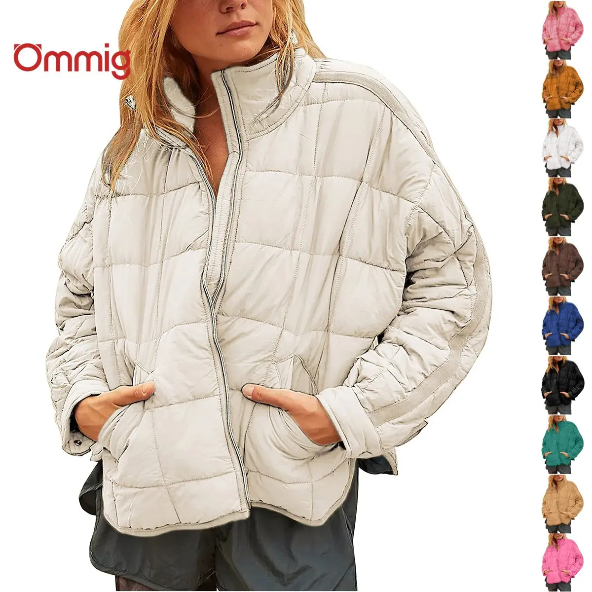 Ommig Women's Basic Solid Color Puffer Coat, Lightweight Oversized Quilted Button Down Shacket with Pockets