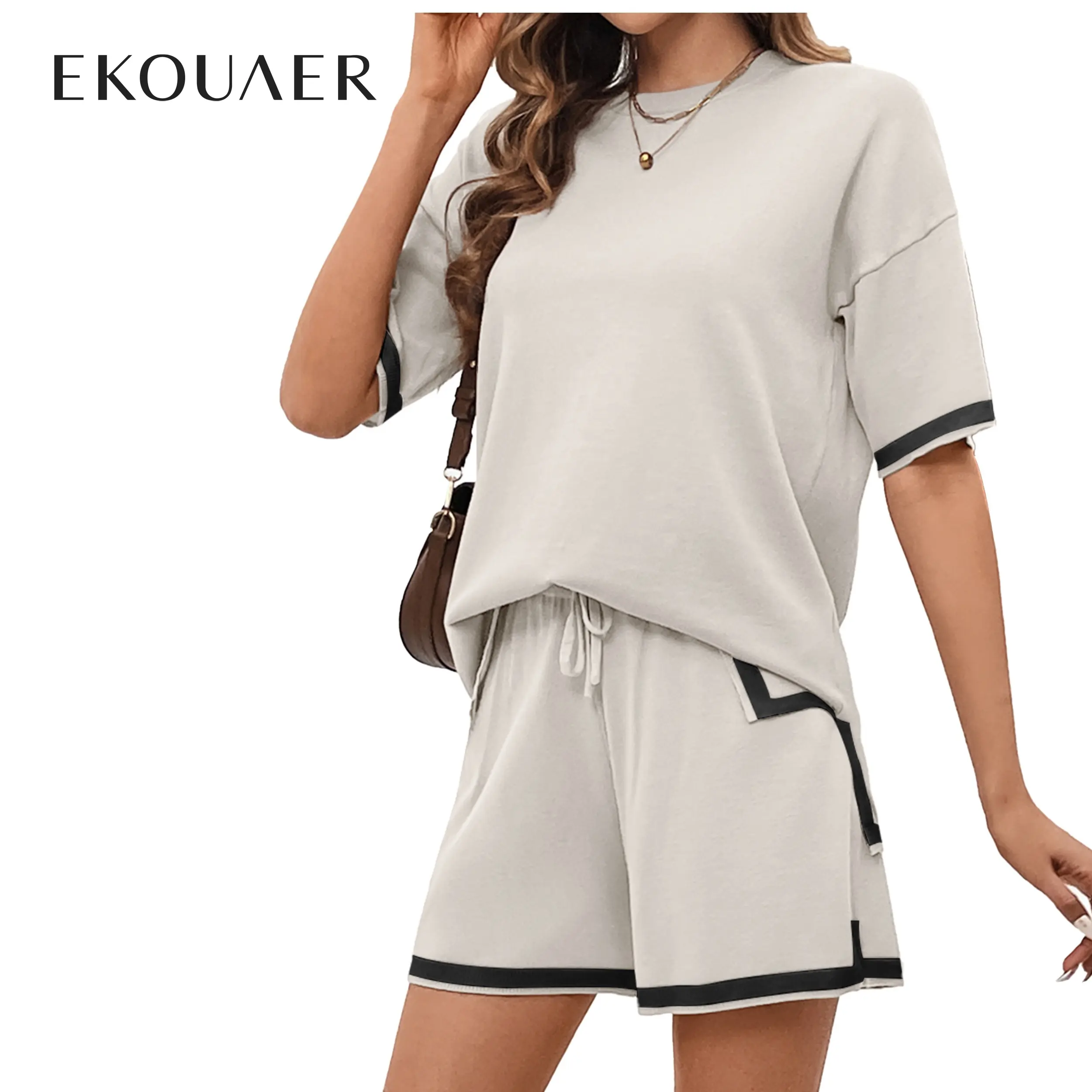 EKOUAER Summer Women's knitted two-piece comfortable set of short- summer sleeved pullover pajamas, casual nightwear, elasticated