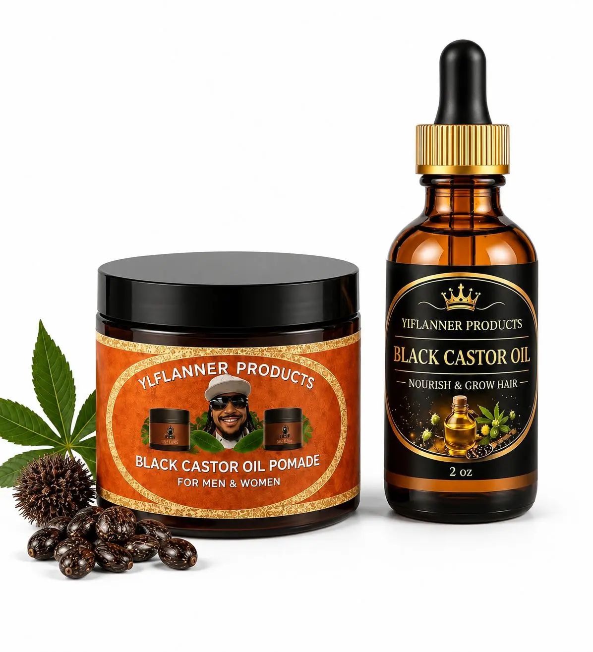 Ylflanner 2-Piece Black Castor Oil and Pomade Set for Haircare & Scalp Treatment