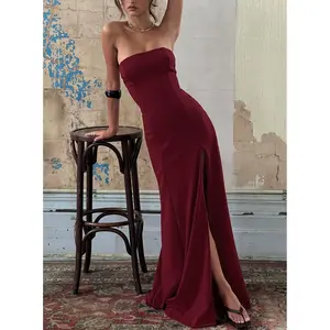 Diamanti Strapless High Slit Maxi Dress Burgundy