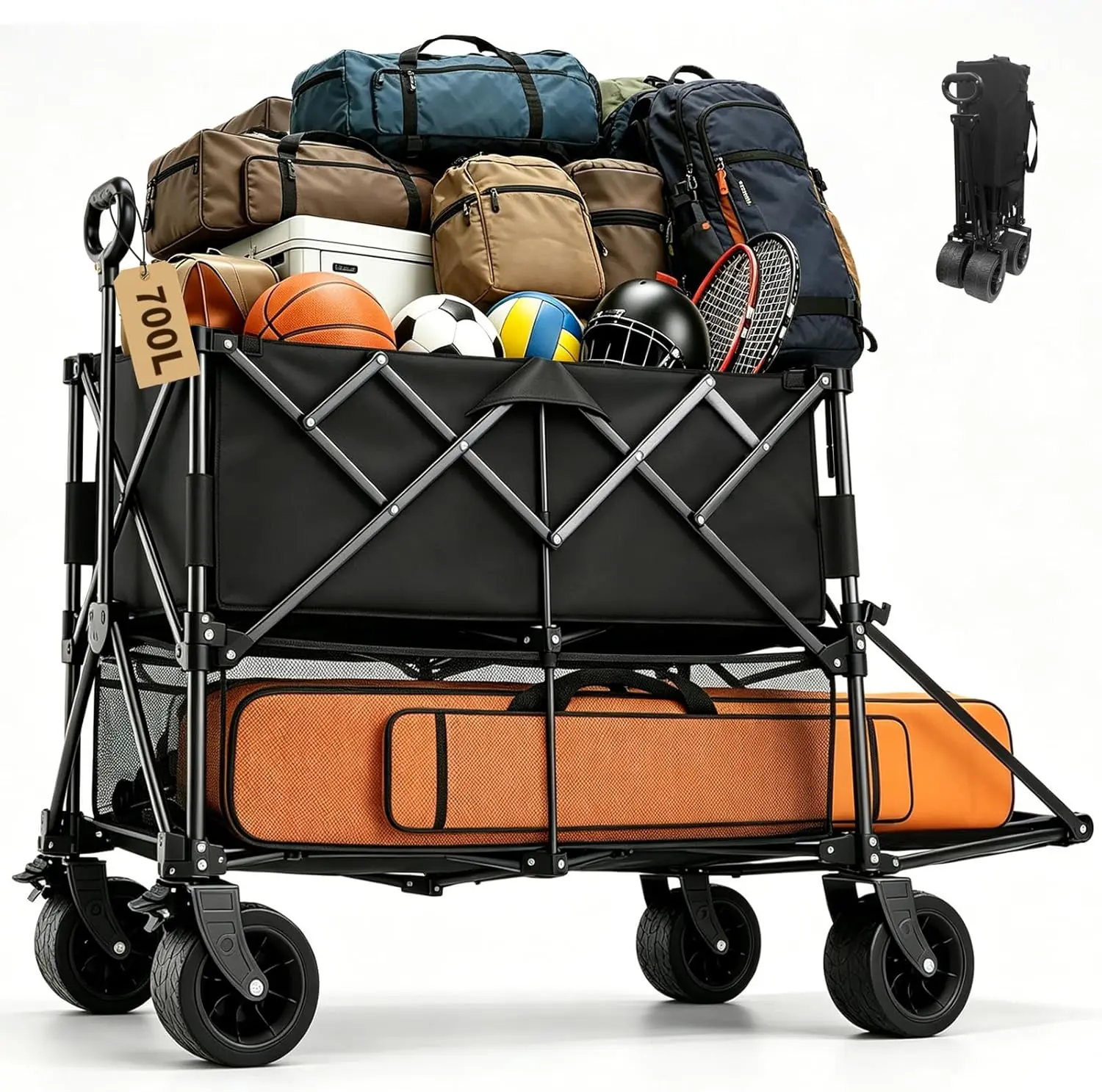 700L Large Capacity Double Decker Wagon Collapsible Wagon with Tailgate 55'' Extra Long, Foldable 600lbs Heavy Duty Beach Cart with All-Terrain Big Wheels,Utility Carts, Sports,Outdoor,Shoping Cart