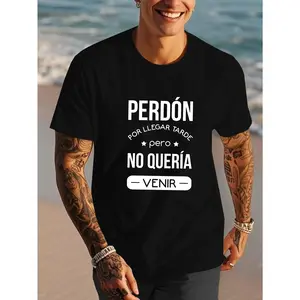 Lightweight Design| Men's "Pardon" Spanish Quote T-Shirt - Casual Black Short Sleeve Tee with Geometric Print,  100% ,  Machine Washable for Summer