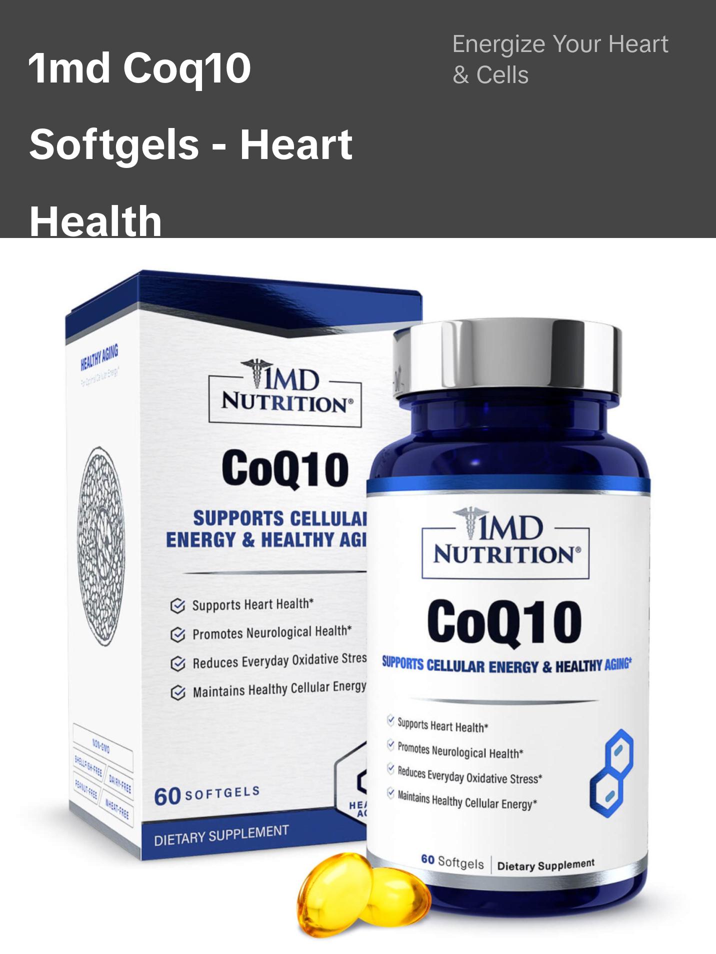 1MD Nutrition CoQ10 - Heart Health & Cellular Energy Production - Coenzyme Q10 Antioxidant Softgel Health Supplement - 2-Month Supply