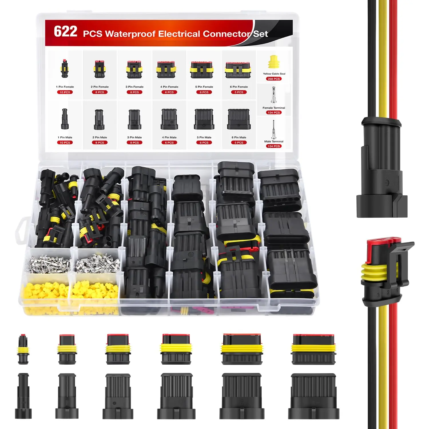 Nilight 622PCS PA66 Nylon Waterproof Wire Terminals & Plug Kit, 1-6 Pin Male-Female Quick Connectors (43 Sets), 16 AWG Wires, Anti-Oxidation, Compact & Practical, for Home DIY, Scooters, Auto Repair