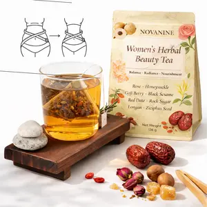 NOVANINE Organic Women's beauty tea Eight Treasure tea Skin Cleanse Hormone Balance Rose Honeysuckle Goji Berry Black Sesame Red Date Rock Sugar Longan Ziziphus Seed Traditional Natrual Herbal Formula Chinese Health Tea For Men Women beverage