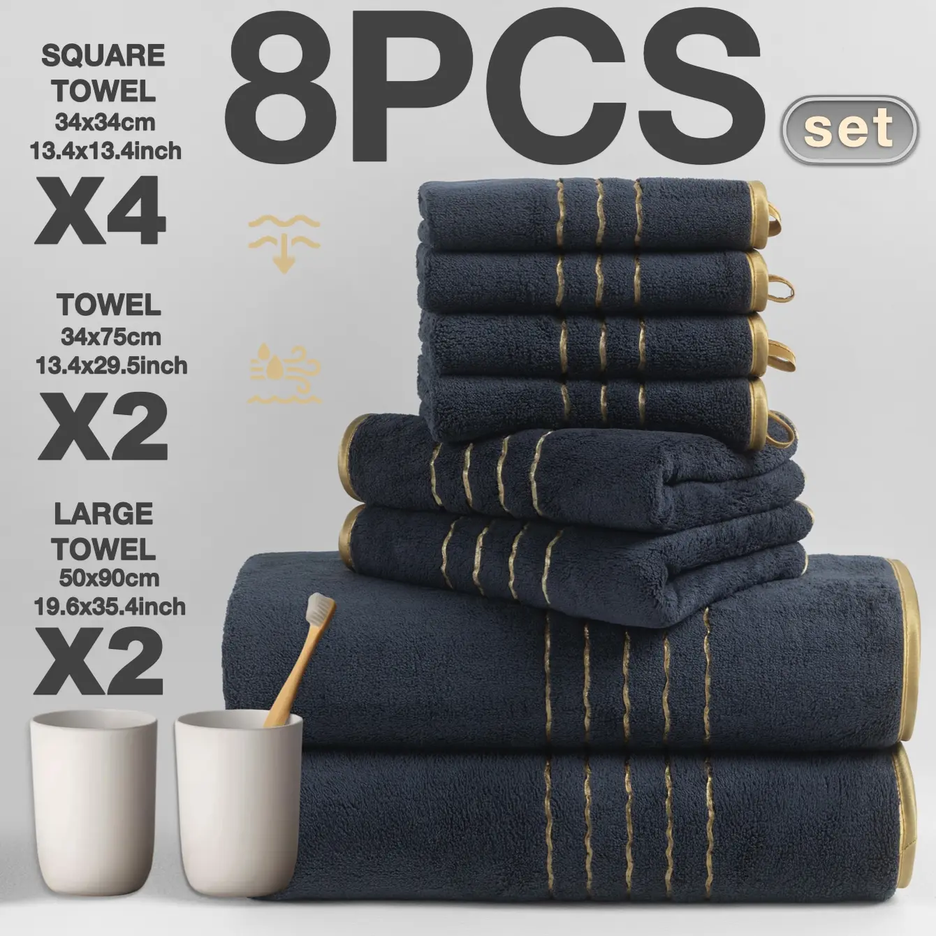 8-Piece Gold Trim Bath Towel Set, Bathroom Towels, Quick Drying Towels, Quick-Dry Absorbent Microfiber, Includes Hand Towels & Face Cloths, Ideal for Home, Hotel, School Use