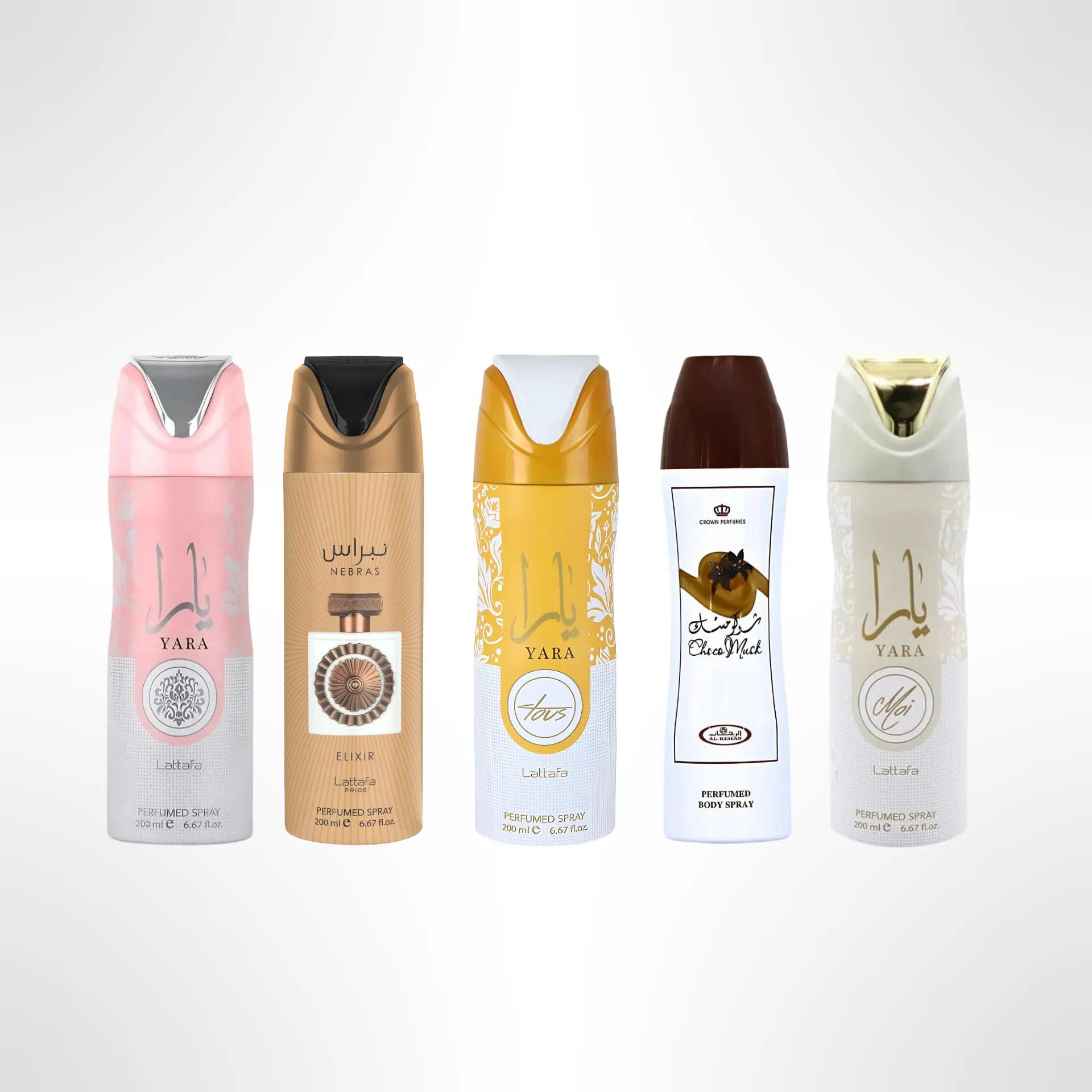 Lattafa Deodorant Bundle – Yara Deo + Nebras Elixir Deo + Tous Deo + Choco Musk Deo + Moi Deo – 5PCS Long-Lasting Body Spray Set