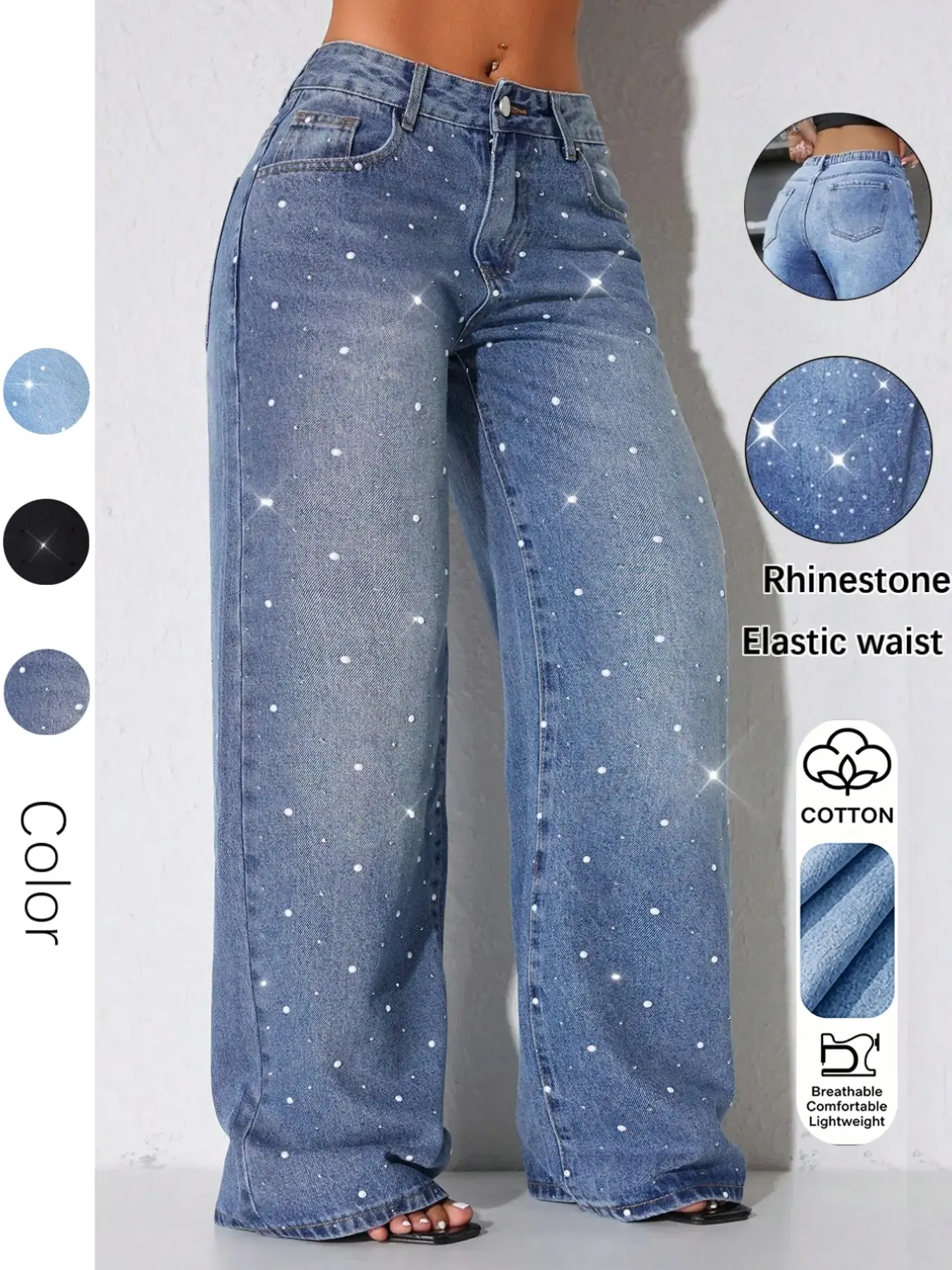 Women's Multi-Color Denim Wide-Leg Pants, Casual Loose-Fit Button Fly Jeans, Floor-Length Natural Waist Elastic, All Seasons