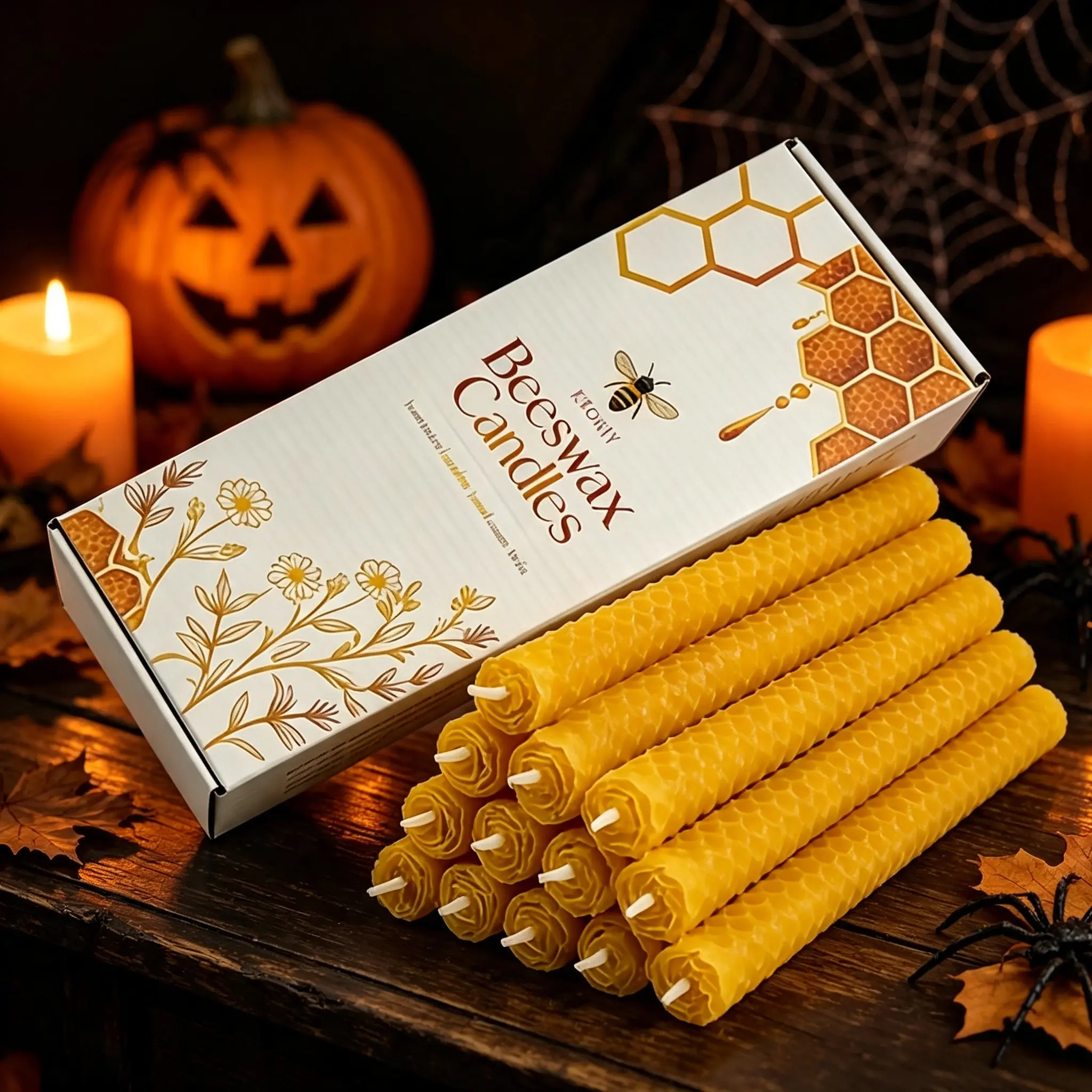 Halloween Beeswax Candles - Long-Stick, 20cm, Honeycomb-Structured, Unscented, Clean-Burning, Spooky Wick Ornaments for Cozy Home Decor, Christmas Gift Sets