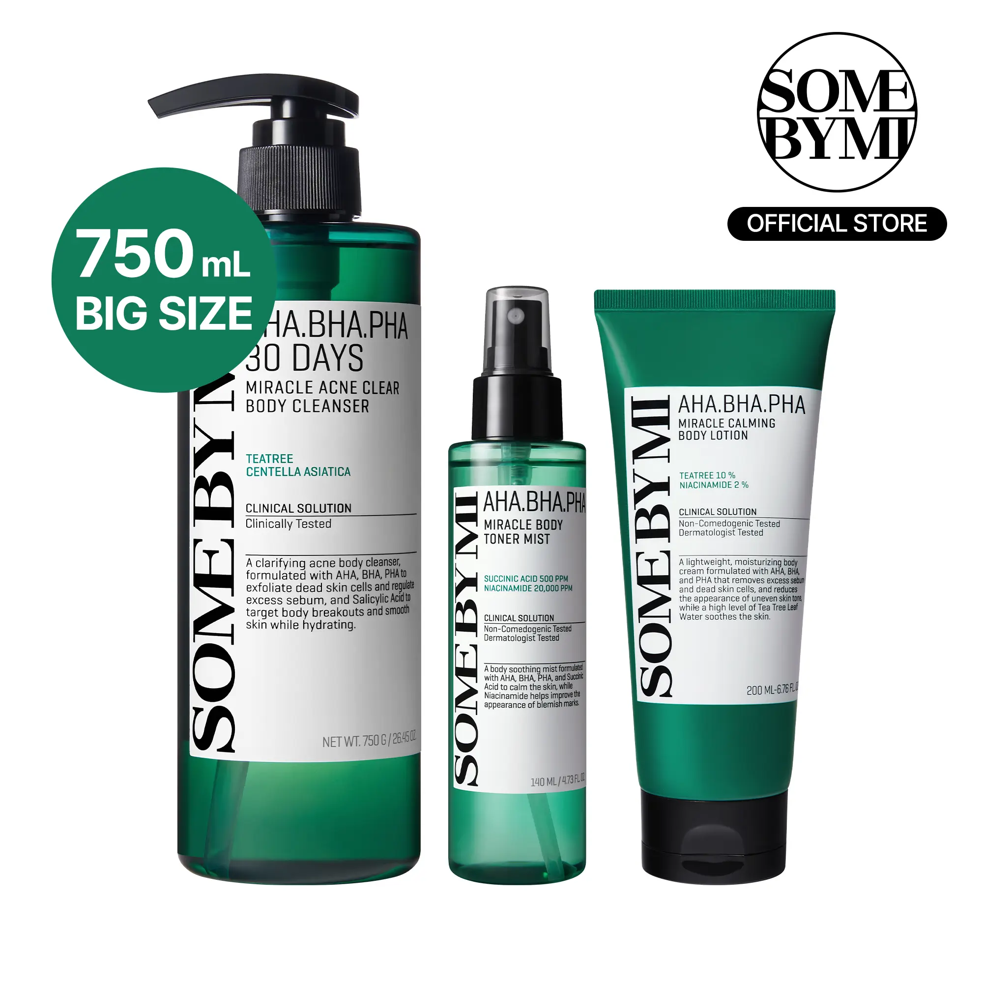 AHA-BHA-PHA Body Miracle Repair Set - Korean Skincare - 3-Step Routine for Body Acne & Texture - Cleanser, Mist & Lotion - Centella, Niacinamide