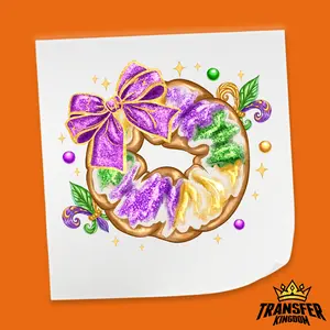 King Cake Donut With Glitter Bow Design - Mardi Gras DTF Heat Transfer Sheet