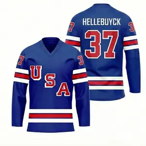 PRINT MESH Fabric Hellebuyck USA Hockey Jersey, Classic Blue Red White Goalie Hockey Design Mesh Hockey Jersey, Gift for USA Hockey Fans for Men Women