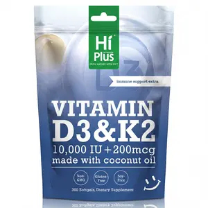 HiPlus Vitamin D3 & K2 with Organic Coconut Oil (300 Softgels) - High Absorption for Immune, Heart & Bone Health