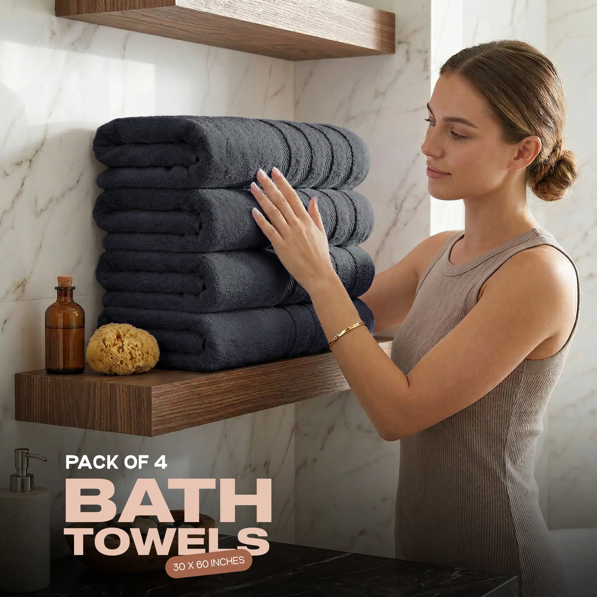 4-Pack Premium Combed Cotton Bathroom Towel Set, 30x60in Extra Large Soft Absorbent Quick-Dry Body Towels for Daily Home Bathroom Use