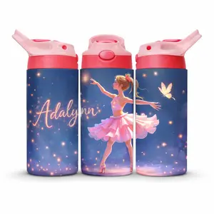 Personalized Ballerina Water Bottle for Girls • Custom Name Kids Tumbler • 12oz Stainless Steel Ballet Cup with Straw Lid • Pink Dance Design • Spill-Proof BPA-Free