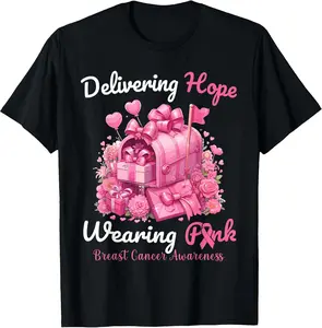 Postal Worker Breast Cancer Awareness T-Shirt - Cotton Crewneck Short-Sleeve, 4-Season Fit, "In October We Wear Pink", Occupation-Fit, Machine Washable, Spreads Awareness Daily