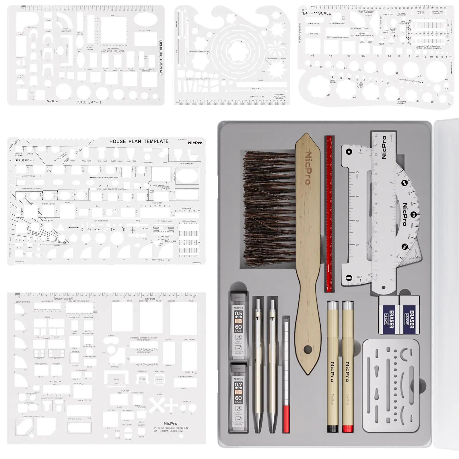 Nicpro 21-Piece Professional Precision Drafting & Geometry Kit with Case - Precision Tools with Metal Parts, Drafting Aid, Layout Measuring Tool, Architect Compass, Protractor, Metal Pencils, Pens, Scale Ruler, 5 Design Templates