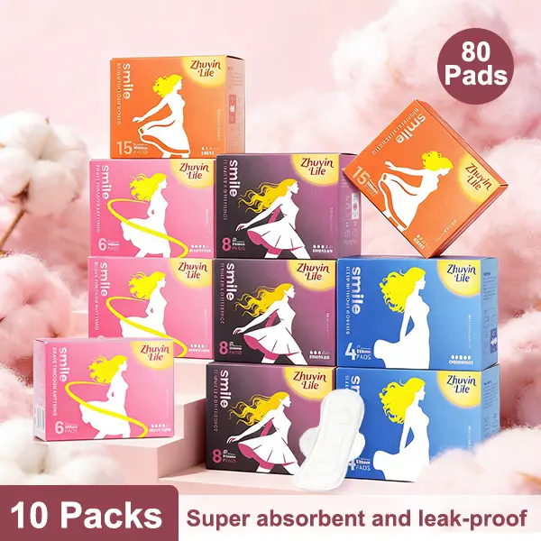 Zhuyinlife Organic Cotton Menstrual Pads 80ct | 10 Packs (3 Day+3 Night+2 Liners+2 Extra Long Night), 7/9.6/11.4/14 Inch, 8HR Odor Control, Leakproof, Super Absorbent Unscented, All Flow Day & Night