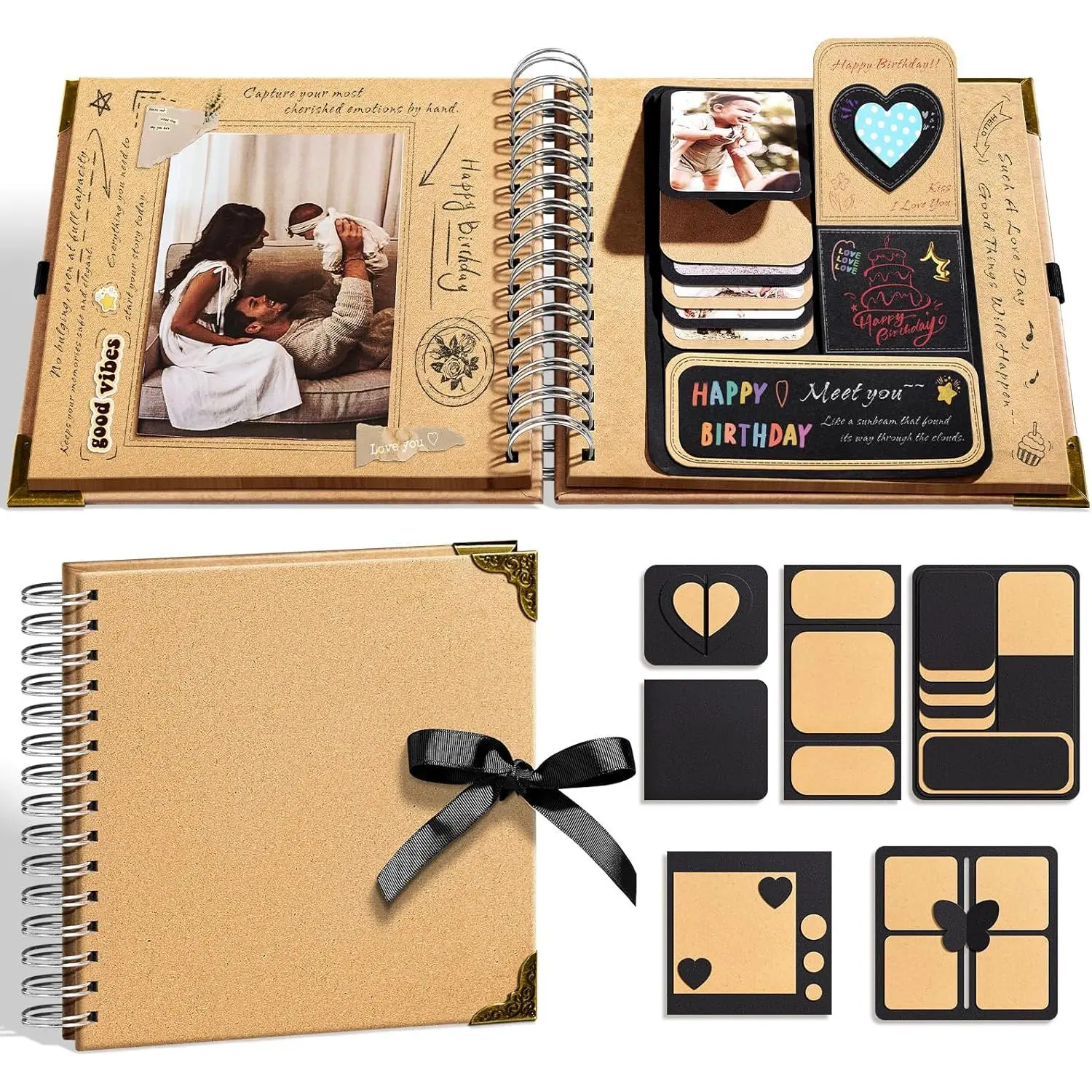 8x8 Inch DIY Decorative Scrapbook & Accessories Kit - 360-Degree Rotating Binding, 40 Pages 250gsm Thick Kraft Paper, Metal Corner Protectors, 3D Interactive Elements, Glue Pen, Ideal for Wedding Journals, Handmade Gifts