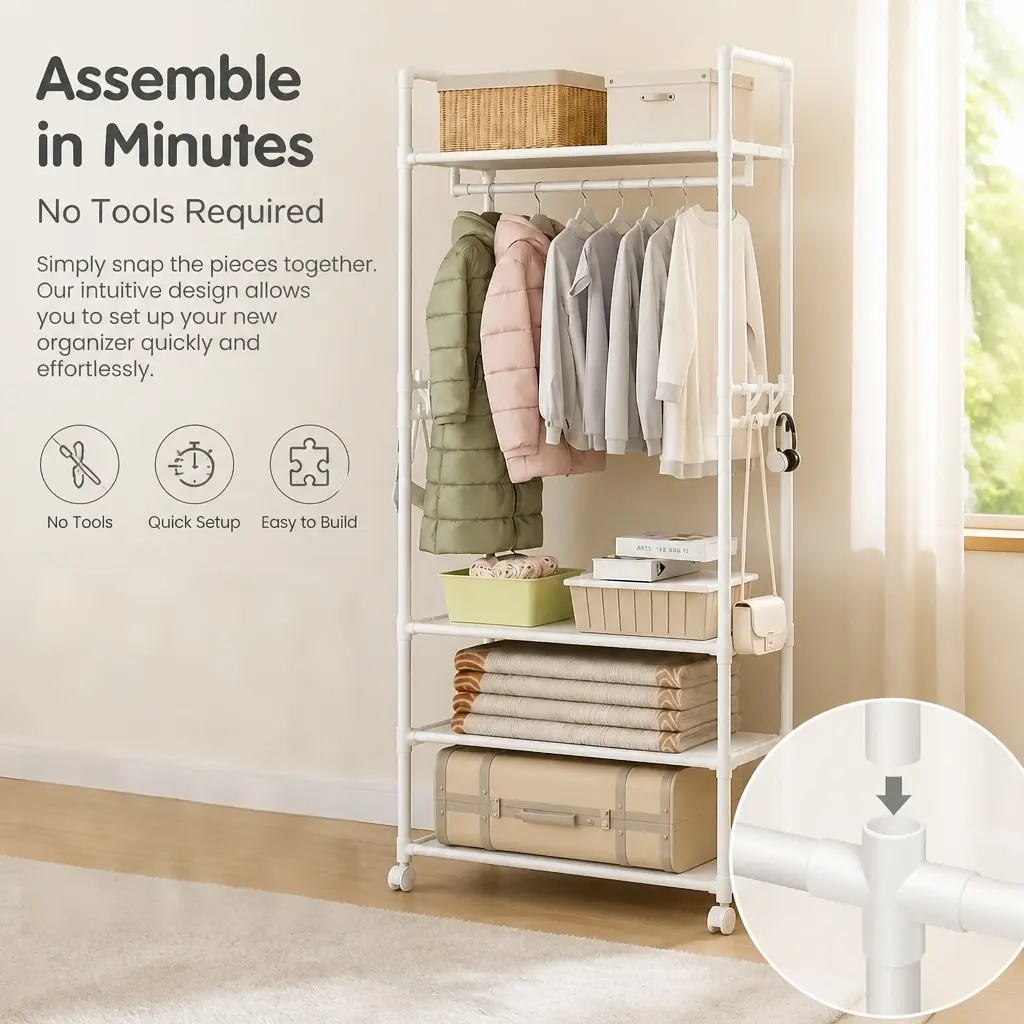 Double-Layer Clothing Rod Storage Rack, Metal Movable Home Organiser with Hanging Hooks, Clothing Storage