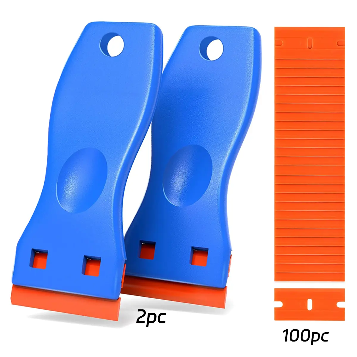 Plastic Razor Blade Scraper Set – 2 Angled Head Scraping Tools, 100 Blades for Windowsafe Scrape, Adhesive Removal & Gasket/Labels Decal Removal (Home Improvement Paint Supply Tool)