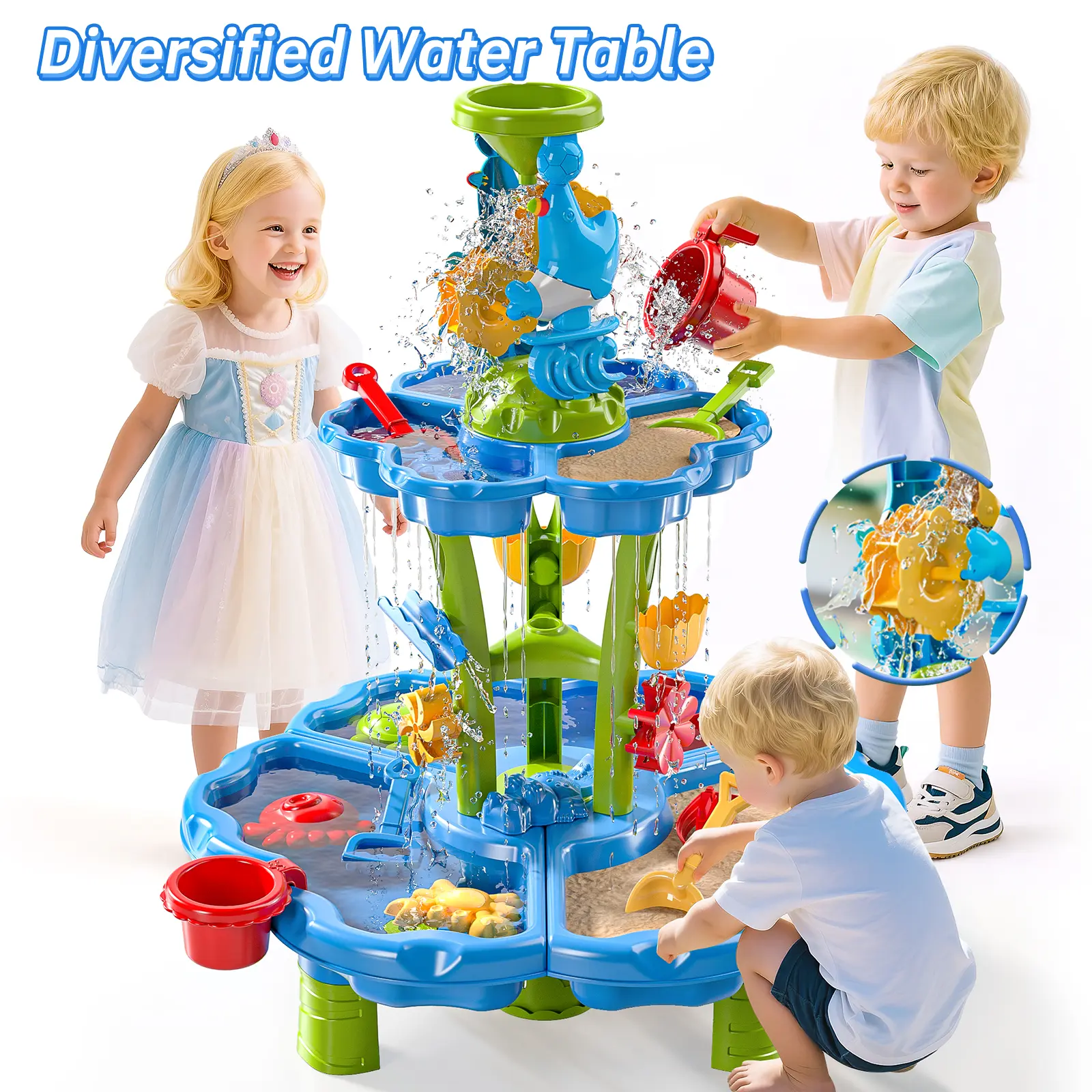2 Tier Sand and Water Table Set for Kids Summer Outdoor Beach Toy Perfect for Birthday Christmas Holiday Gift with Beach Surfing Fun Soaking Bath Time and Versatile Use【A】