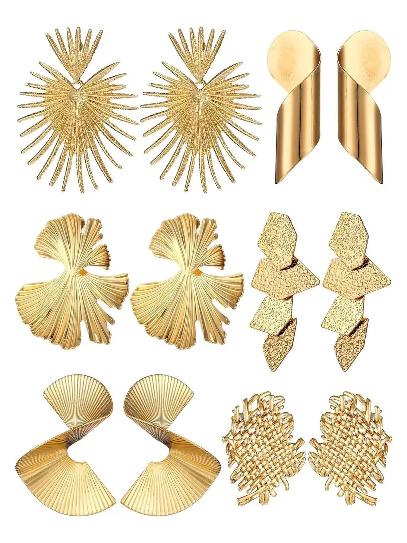 6 Pairs Gold Statement High Quality Earrings for Women, Large Geometric Earrings, Stainless Steel Woven Twisted Leaf Earrings, Chunky Earring Set, Unique Jewelry Gift