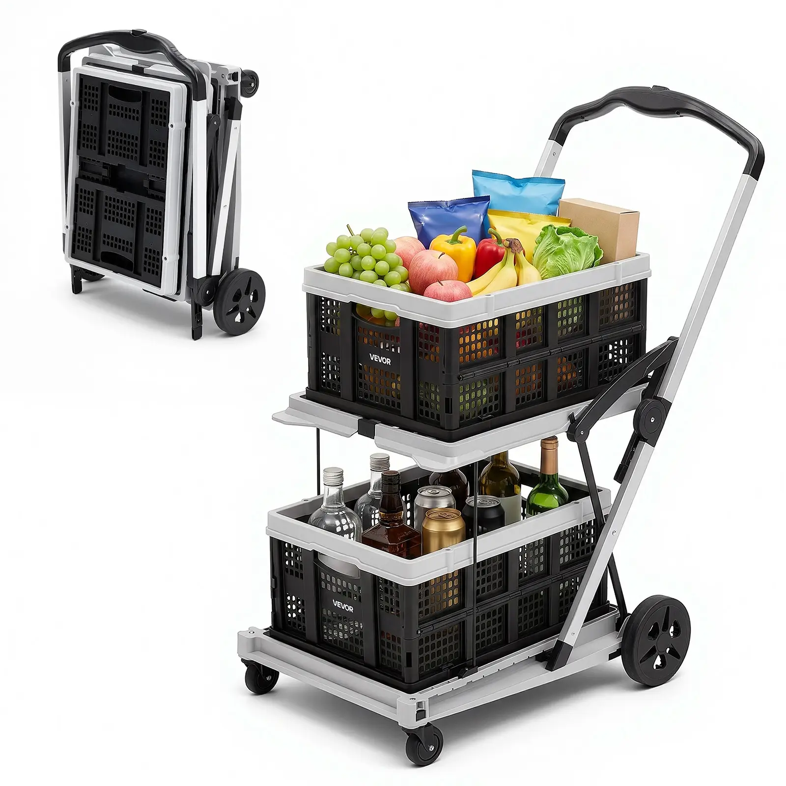 【SummerFinds】VEVOR Collapsible Shopping Cart with Wheels Foldable for Grocery Black Gray, 200lbs Capacity Rolling Utility Cart, Storage Crate & Foot Brake, Portable Folding for Groceries, Warehouse, Supermarket