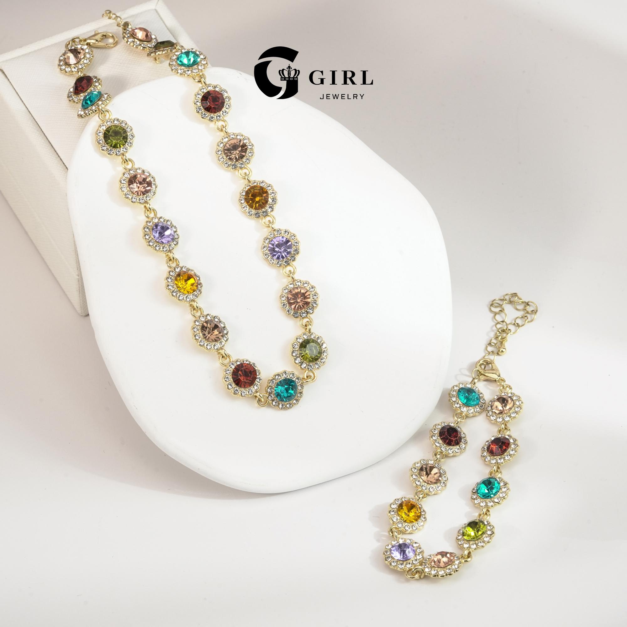 GGIRL Colorful Rhinestone Jewelry Set - Multi Color Bracelet & Shining Earrings - Stackable Choker Necklace - Unisex Daily Wear Gift Party Accessory for Various Festivals Fashion Jewelry Gift for Holiday Haul Christmas Birthdays Anniversaries