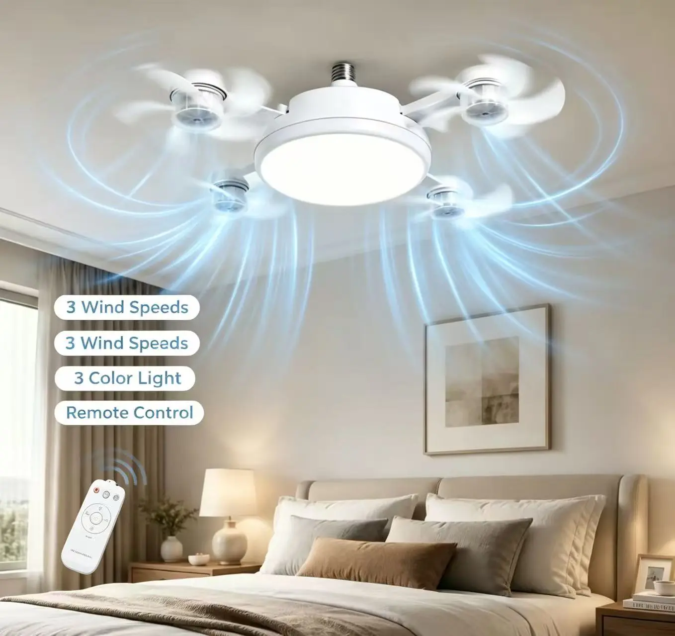 E27 Socket Ceiling Fan with LED Light and Remote Control, 4 Detachable Split Fan Blades, Dimmable 3 Color Temperature Screw-in Fan Lamp for Bedroom Kitchen Garage