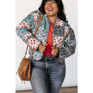 Noah Quilted Jacket - Blue Floral Print Fitted Long Sleeve All Seasons Casual Stylish Quirky Patchwork Open Front Jacket