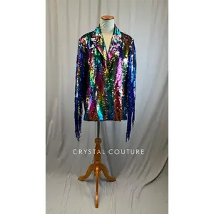 Multi Color Sequin Padded Shoulder Blazer with Fringe