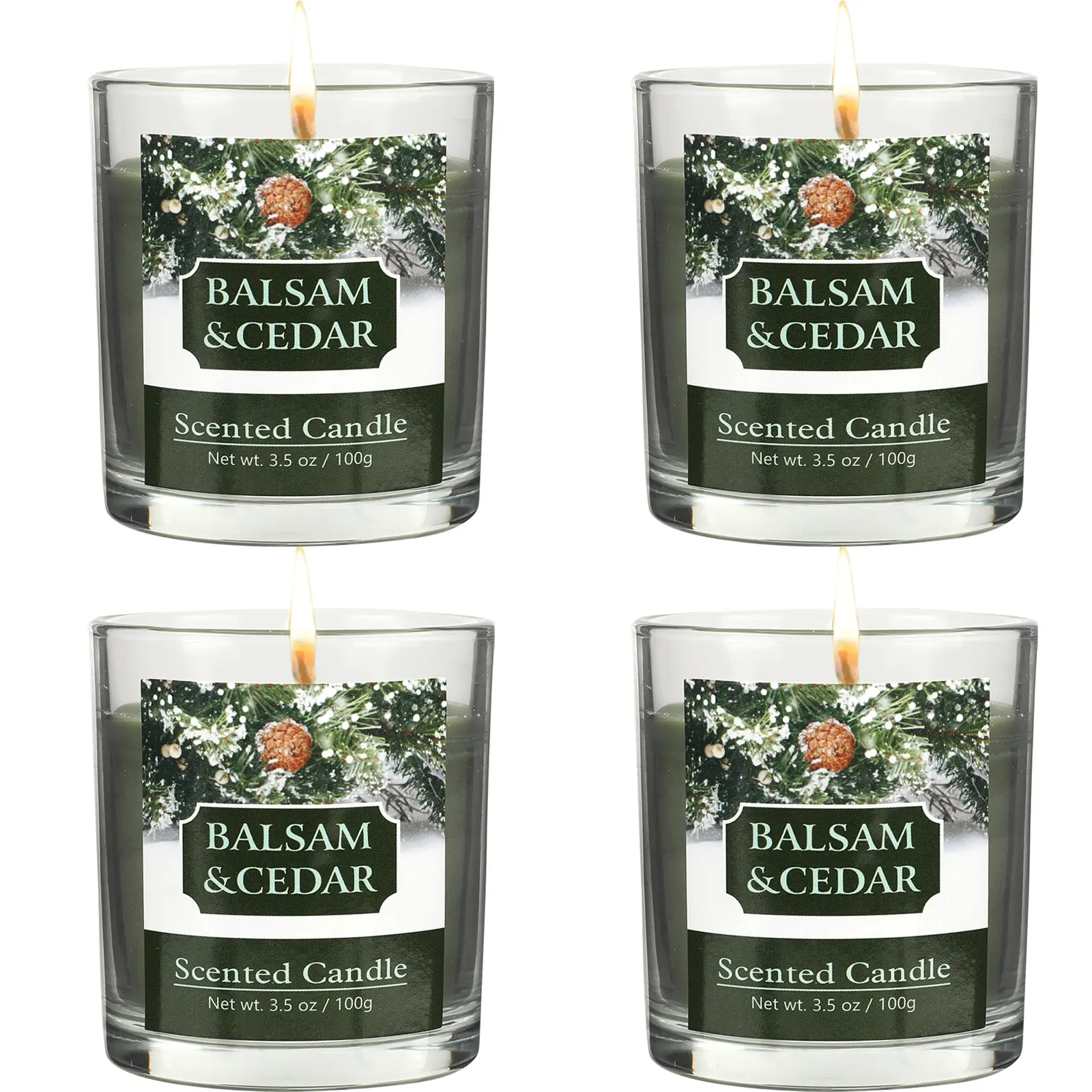 Balsam & Cedar Scented Candles, Natural Soy Wax Candle With Cotton Wick, Perfect for Creating a Refreshing Ambiance, Christmas Candle gifts, Winter candles, 3.5 OZ Glass Jar (Pack of 4)