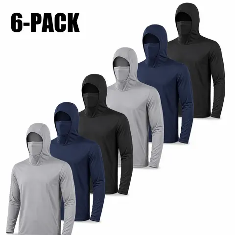 Male 6-Pack Hooded Work Shirts - Polyester Synthetics, Built-In Mask, UPF 50+ UV Blocking, Long Sleeve, Sweat-Wicking Cool, Quick Dry, Machine Washable, Pull On, All Seasons for Outdoor Work, Construction