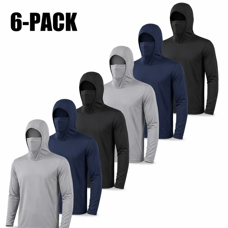 Male 6-Pack Hooded Work Shirts - Polyester Synthetics, Built-In Mask, UPF 50+ UV Blocking, Long Sleeve, Sweat-Wicking Cool, Quick Dry, Machine Washable, Pull On, All Seasons for Outdoor Work, Construction