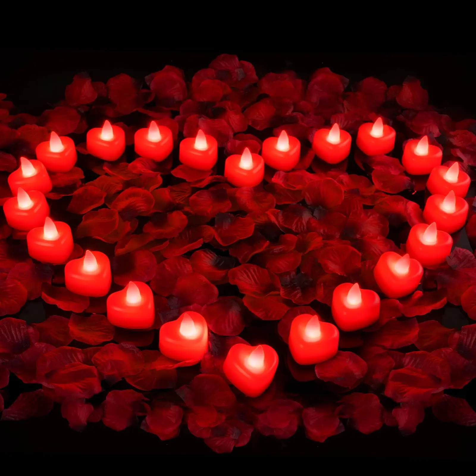 Amagic Non-Toxic Polyester PVC Red Artificial Rose Petals & Heart-Shaped LED Tea Lights Set Bundle - 6000 Petals (1.77x1.77in), 72 Candles (1.33in H x1.5in D), Artificial Flower Bouquet Decorative Lights for Proposal, Valentine's Day Decor