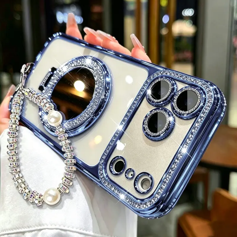 Chic Smartphone Case with Matching Handheld Wrist Bracelet, Built-in Mirror Stand & Hand Strap for iPhone 12/13/14/15/16/17 Pro Max,17 Air,14/15/16 Plus - Glossy Frame, Lens Ring Detail, Protective Cellphone Device Shell, Protection