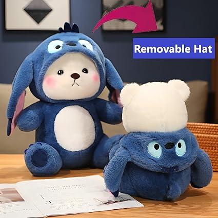 Cartoon Plush Cross-Dressing Teddy Bear Plush Toy, Cute Teddy Bear with Removable Stitchhat (Blue StitchBear, 11 inch / 0.5 lb) Stuffed Animal Gift Soft Stuffed Doll