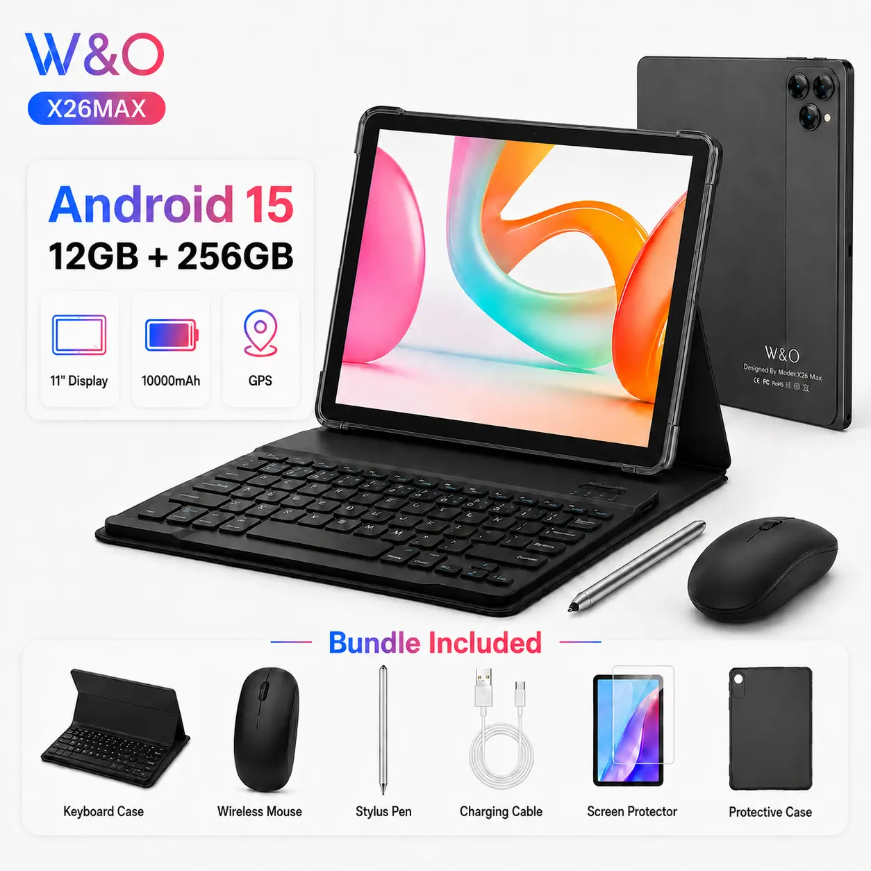 W&O X26MAX 11" Android 15 Tablet with Keyboard, 12GB RAM+256GB Storage, 10000mAh Battery, GPS, Mouse, Stylus, Protective Case & Screen Protector, Portable Tablet for School, Work, Travel & Streaming