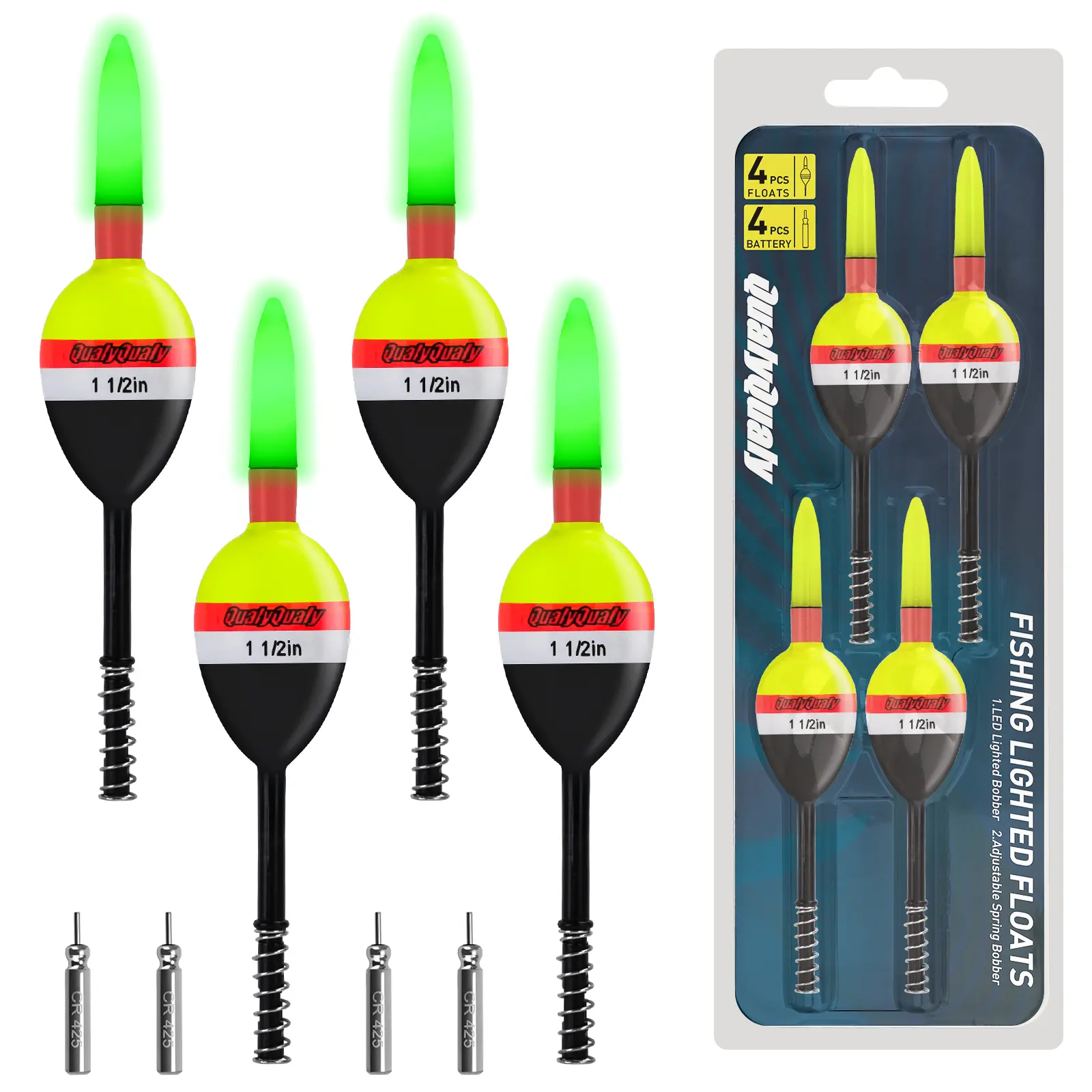 QualyQualy 4PCS LED Lighted Slip Bobbers - Glow-in-the-Dark, Adjustable Spring for Depth, Sensitive Lightwood, Sensitive Bite Detection, Bright Colors, Long-Lasting Lithium Battery for Crappie Fishing