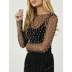 A Elegant Pearls Beaded Mesh Sheer Cover Up Top Without Cami Top Sexy Music Festival