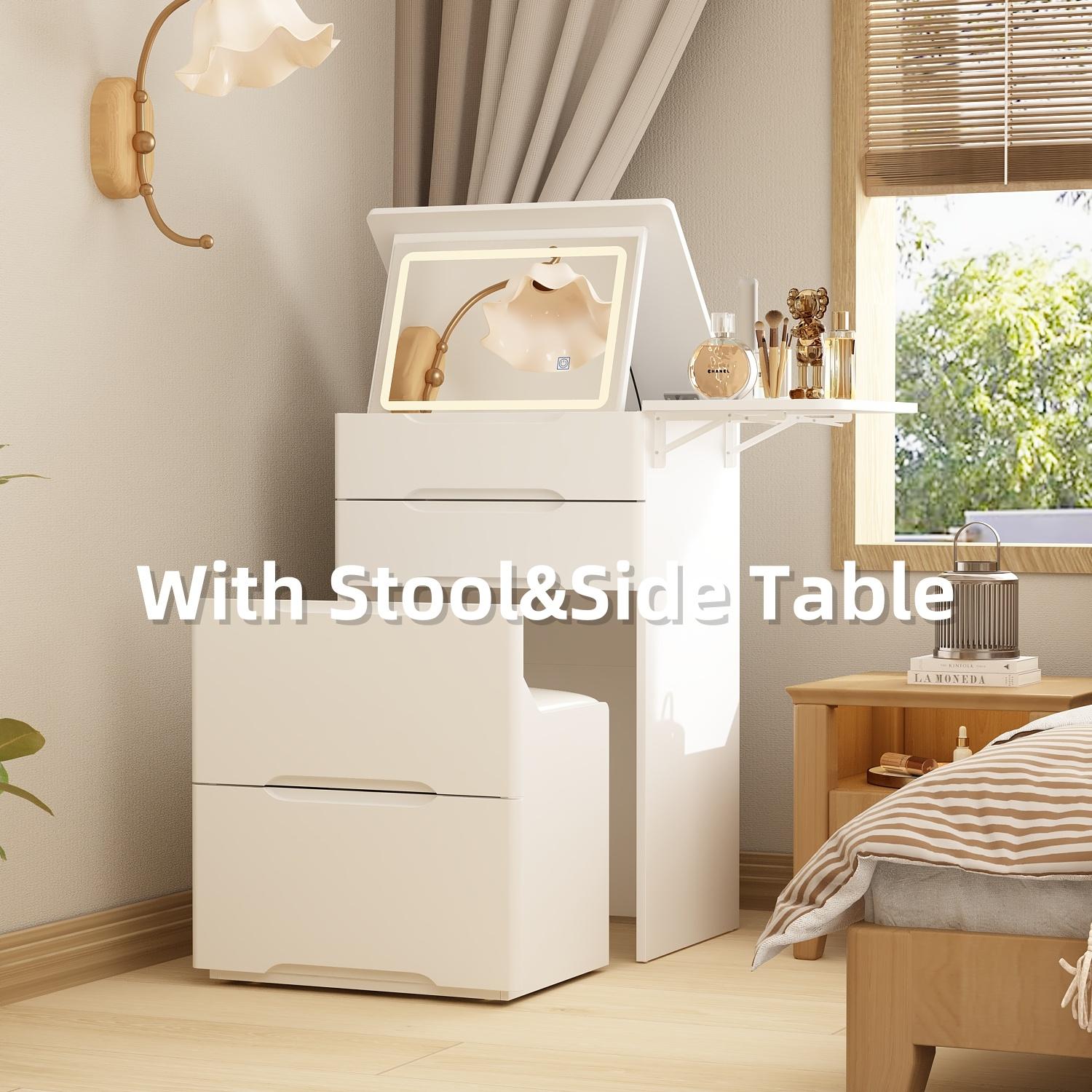 Hitow Makeup Vanity Desk with Lighted Flip-up Mirror 18.3" Wide Dressing Table with 3 Drawers Shelves & Cushioned Stool White Led Sensor Button Storage