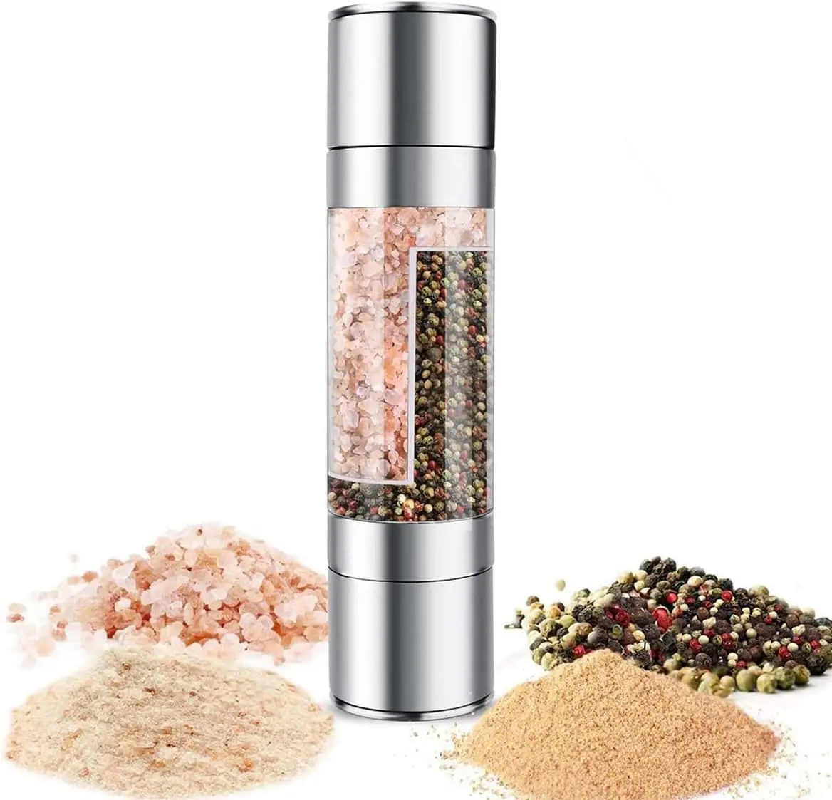 2-in-1 Stainless Steel Compact Fresh Lock Spice Grinder with Adjustable Ceramic Rotor - ABS Kitchenware Salt & Pepper Dispenser, Spices Containers for Kitchen, Outdoor Barbecue